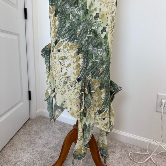 Y2K Abstract Print Asymmetrical Fairy Dress Ruffled Whimsical Green Yellow - Picture 3 of 8
